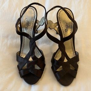Brown satin strappy heels